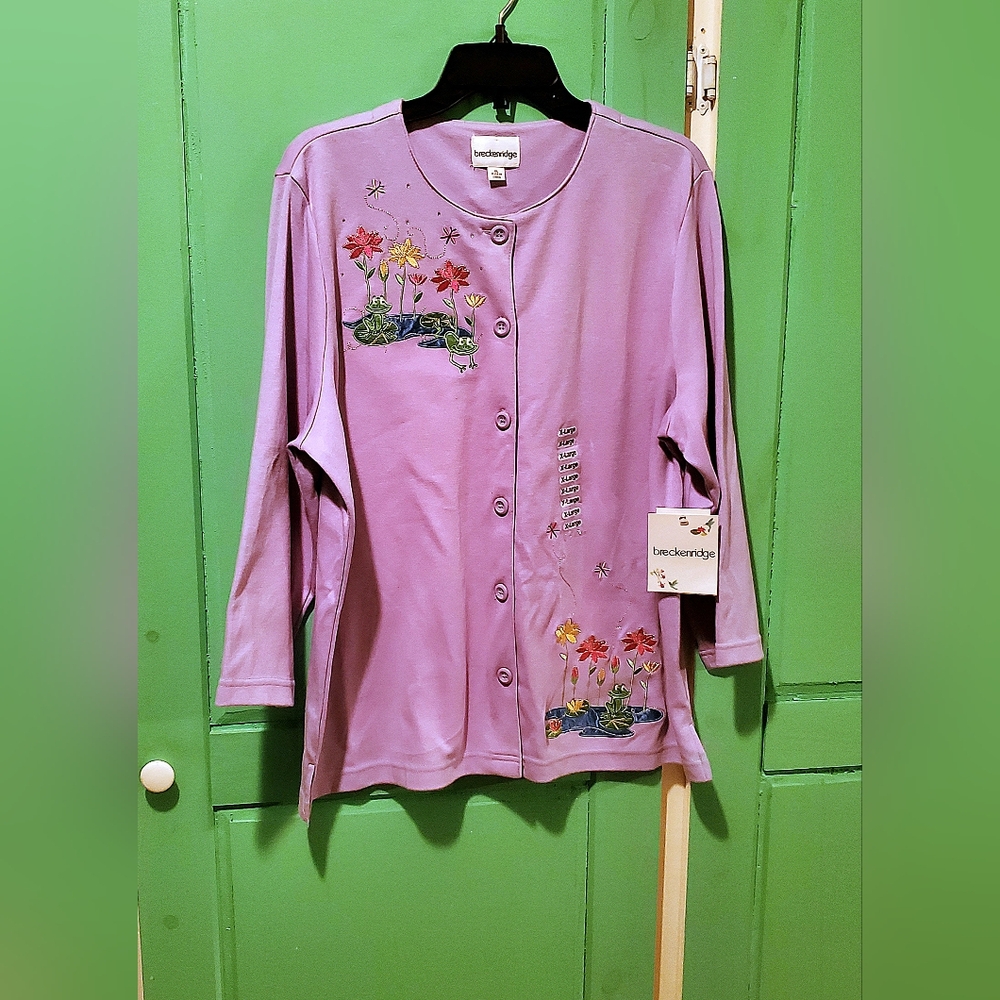 Vintage Lavender Embroidered Front Button Knit Blouse